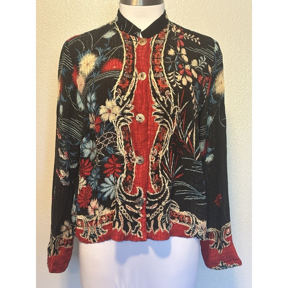 Citron Santa Monica Womens 100% Silk Jacket Blouse sz.M Asian Floral Art to Wear